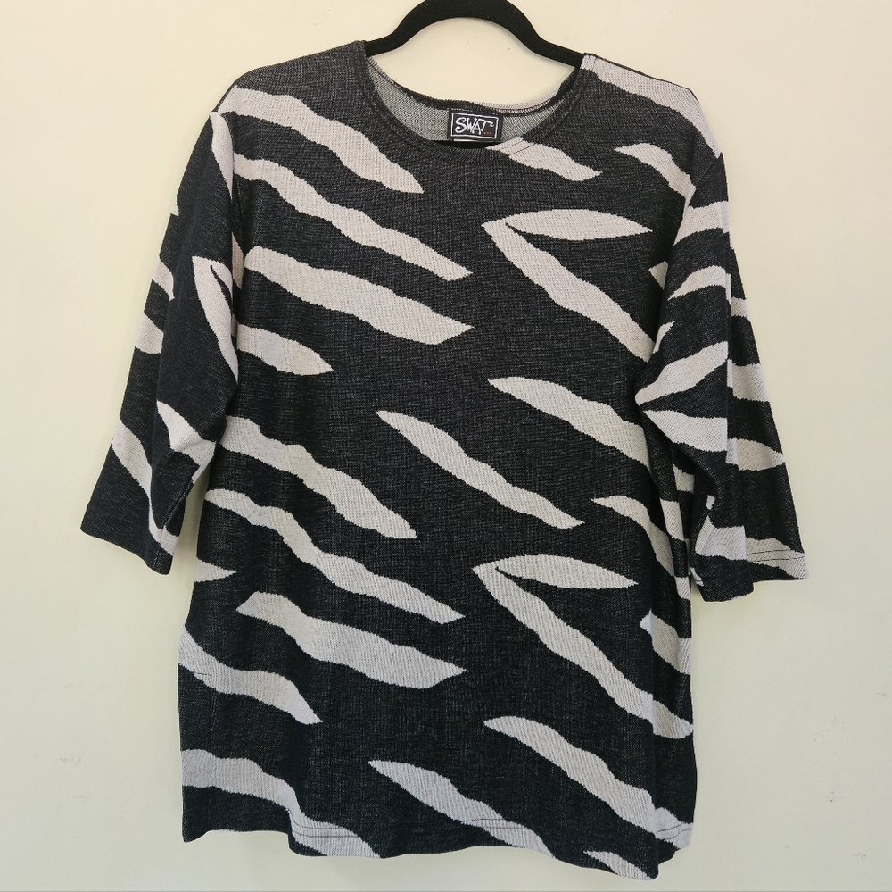 Vintage SWAT Tunic Top Black White Zebra Print 3/4 Length Sleeve Women Sz M